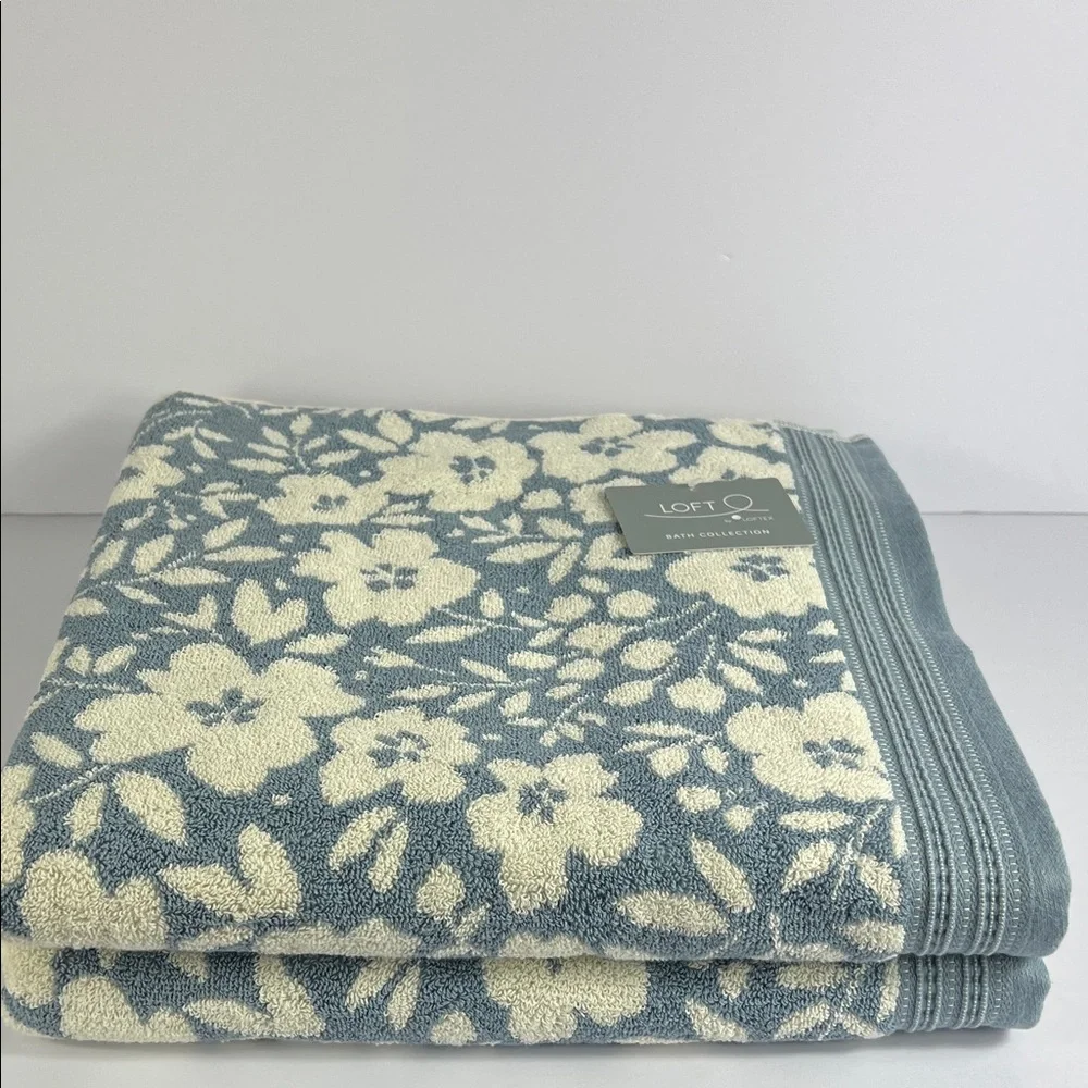Loft by Loftex Bath Towels Blue & Cream Floral 100% Cotton Soft Set of 2 NEW